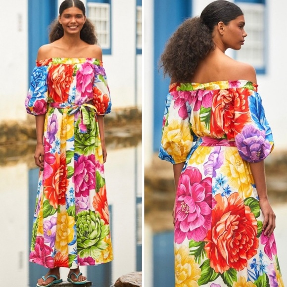 FARM Rio Dresses & Skirts - Farm Rio Rainbow Chita off the shoulder dress puff sleeve maxi dress sz S